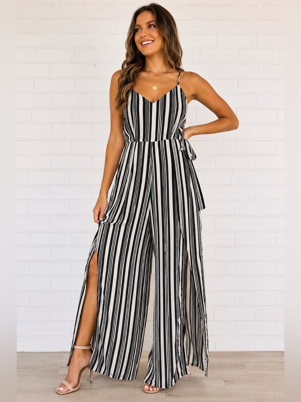 Monteau Los Angeles Striped Palazzo Jumpsuit M Black White